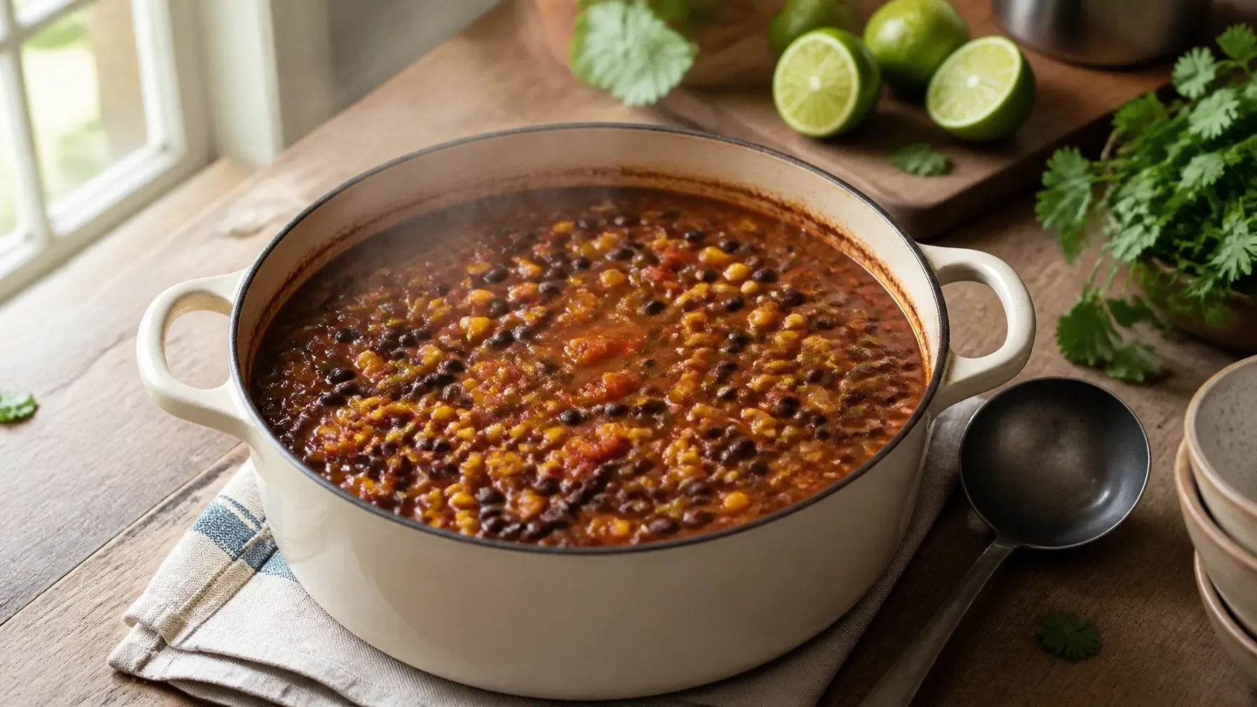 A Dutch oven of black bean and corn chili gently steaming on a simple kitchen table