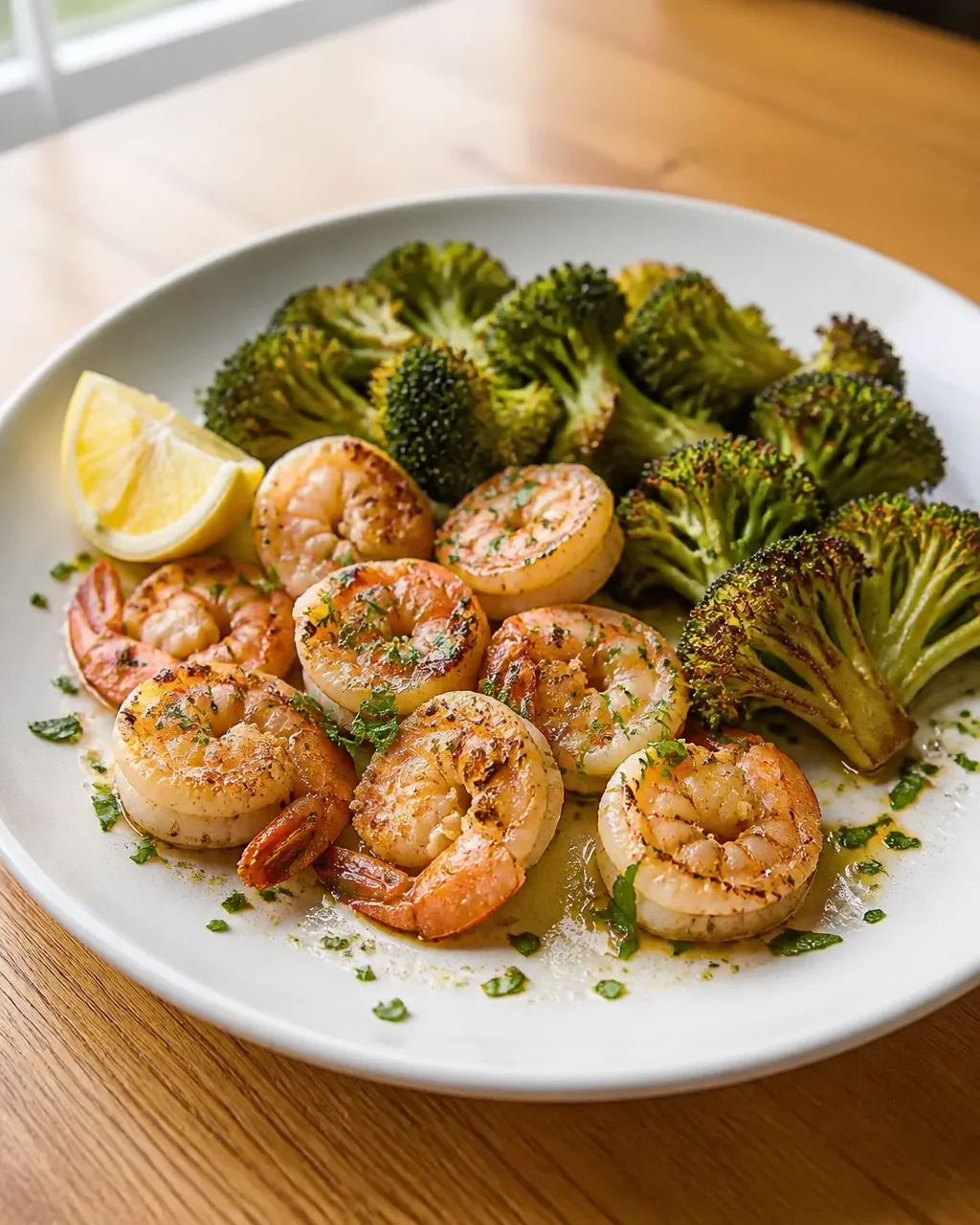 Lemon garlic shrimp with roasted broccoli served alongside brown rice