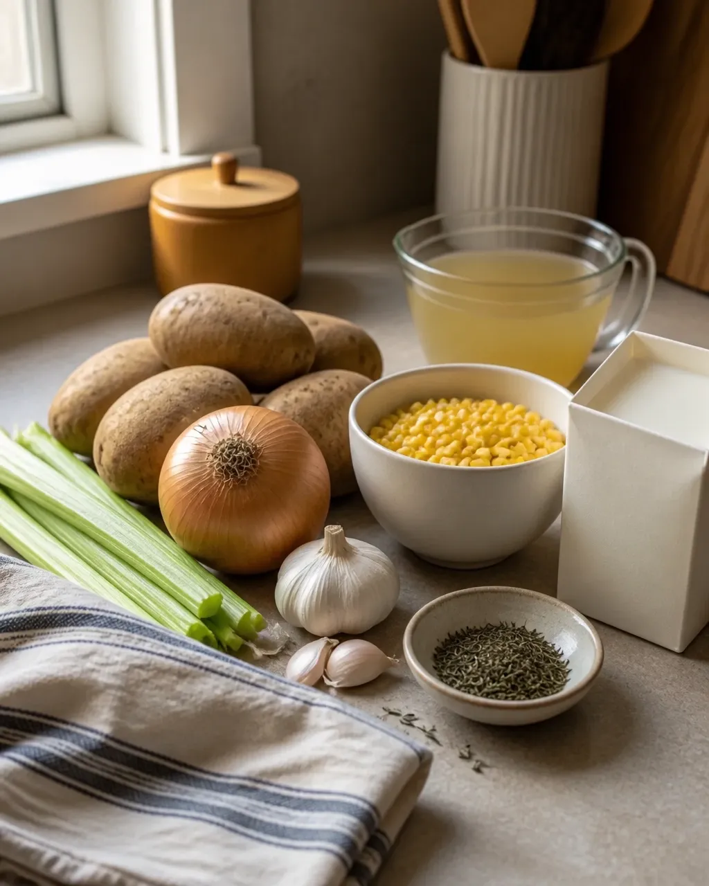 Raw potatoes, corn, onion, celery, garlic, milk, broth, and thyme arranged for a budget-friendly chowder