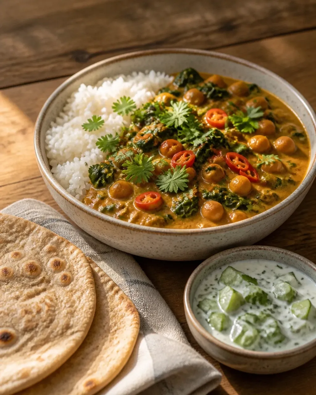 Coconut chickpea curry served with flatbread and a cool cucumber side