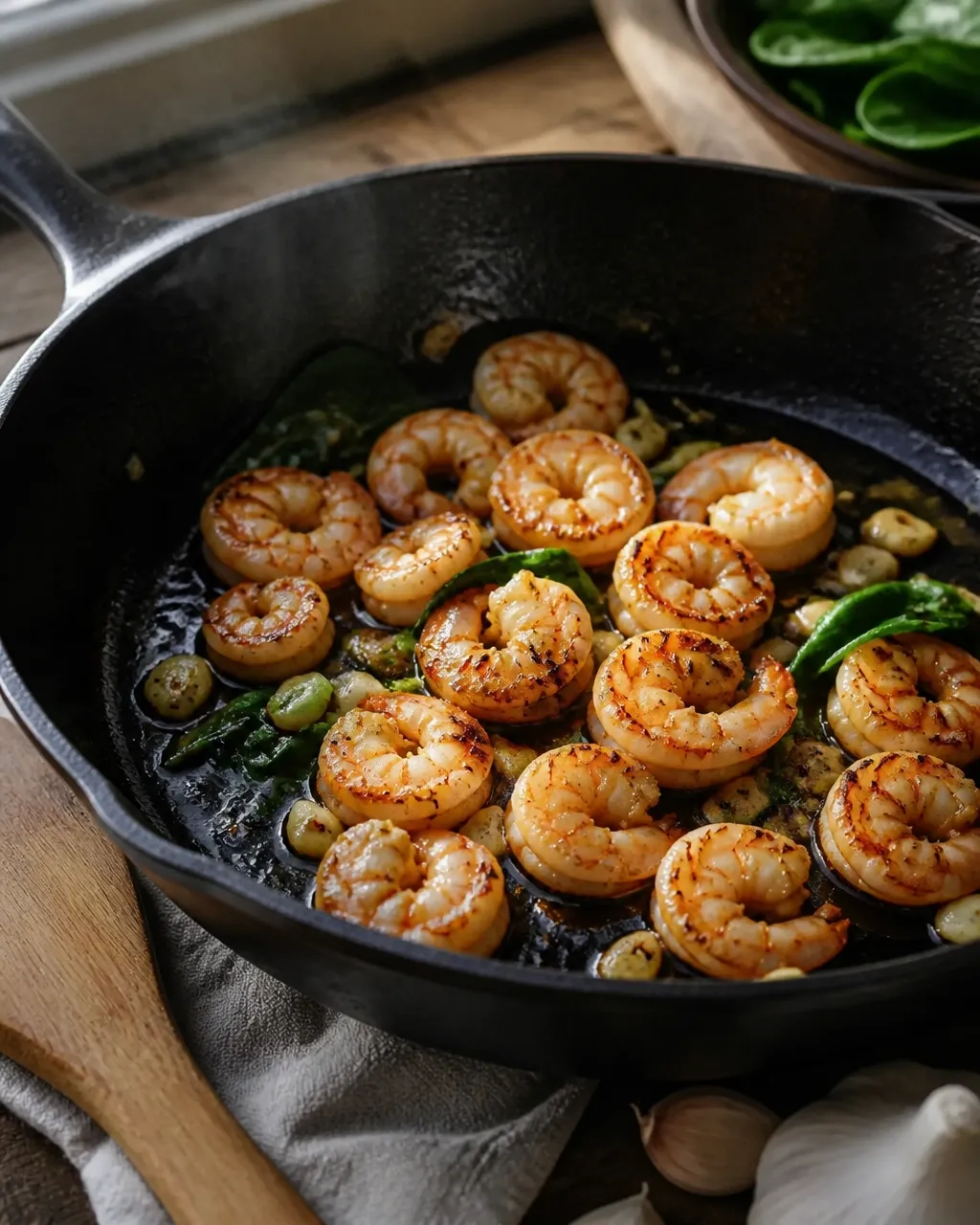 Shrimp searing in a cast-iron skillet with garlic and spinach