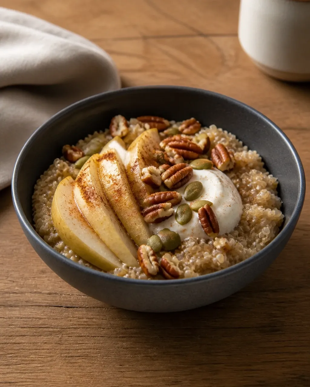 Creamy apple cinnamon quinoa porridge with visible quinoa grains and tender apple pieces