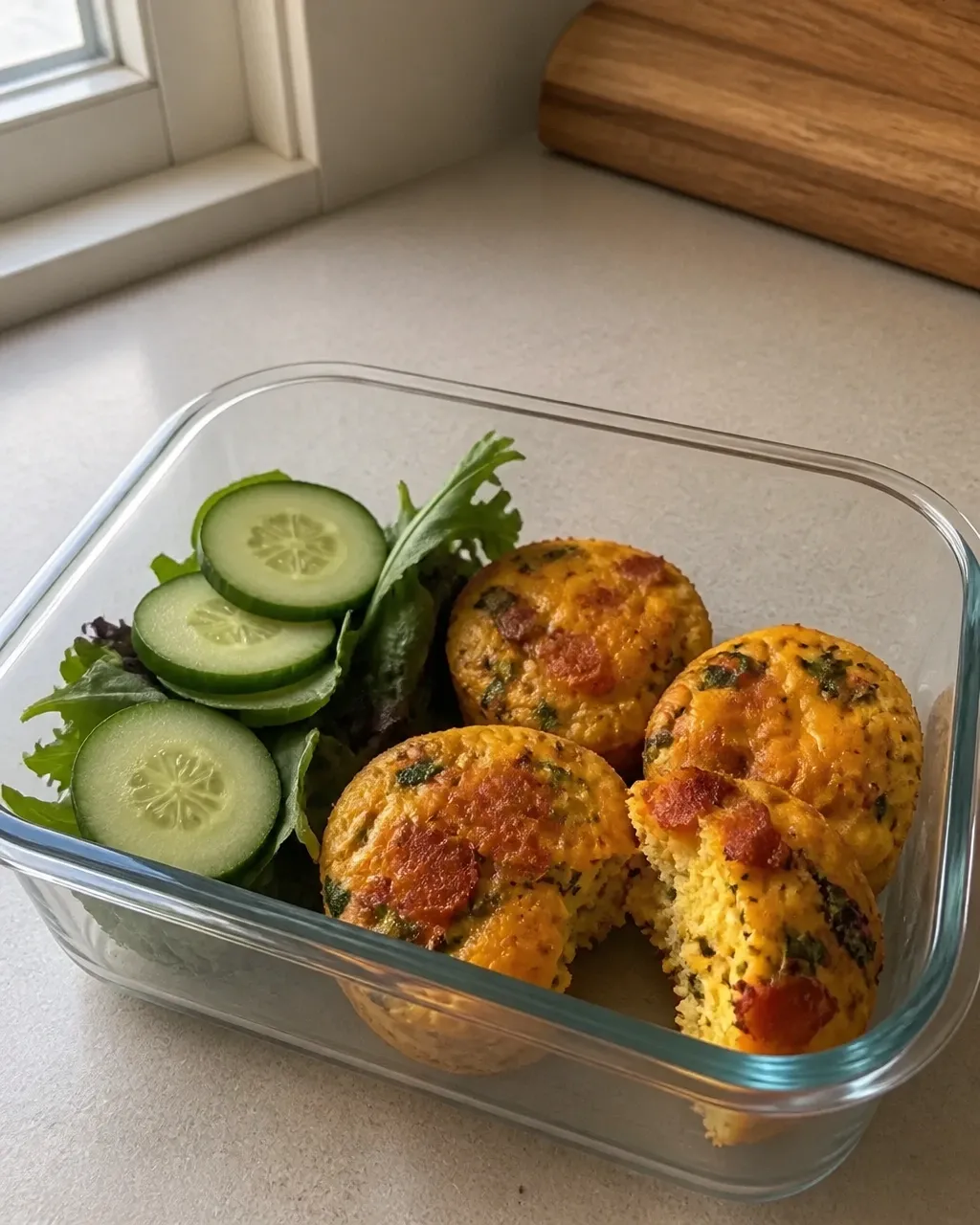 Bacon and cheddar egg muffins packed in a glass container beside leafy greens and cucumber slices for meal prep