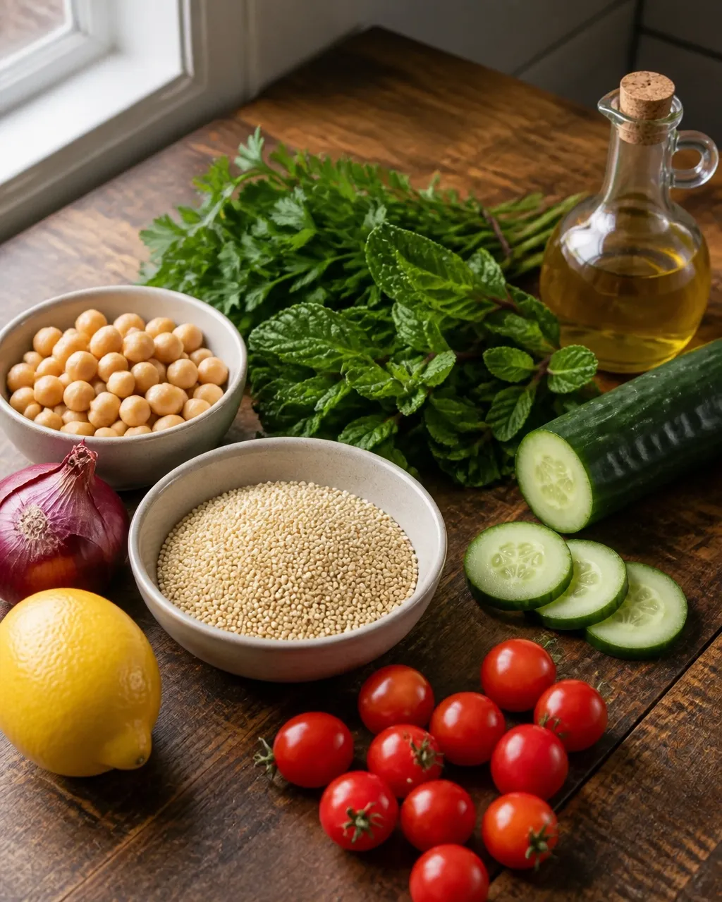 Raw quinoa, cucumber, cherry tomatoes, chickpeas, lemon, herbs, and olive oil arranged on a kitchen counter