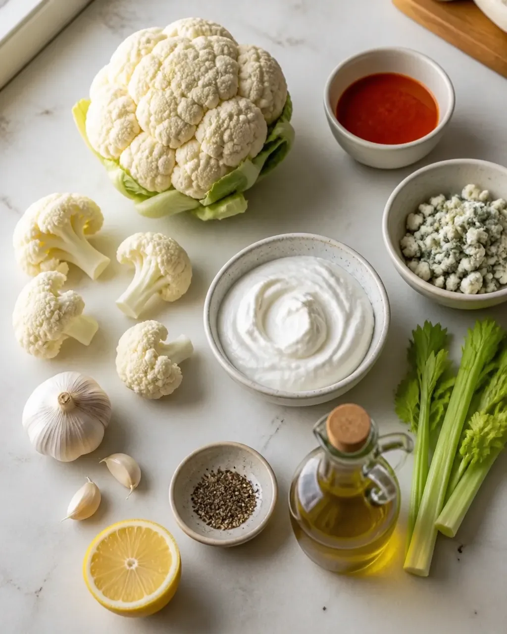 Fresh cauliflower, buffalo sauce, blue cheese, celery, lemon, and seasonings arranged on a kitchen counter