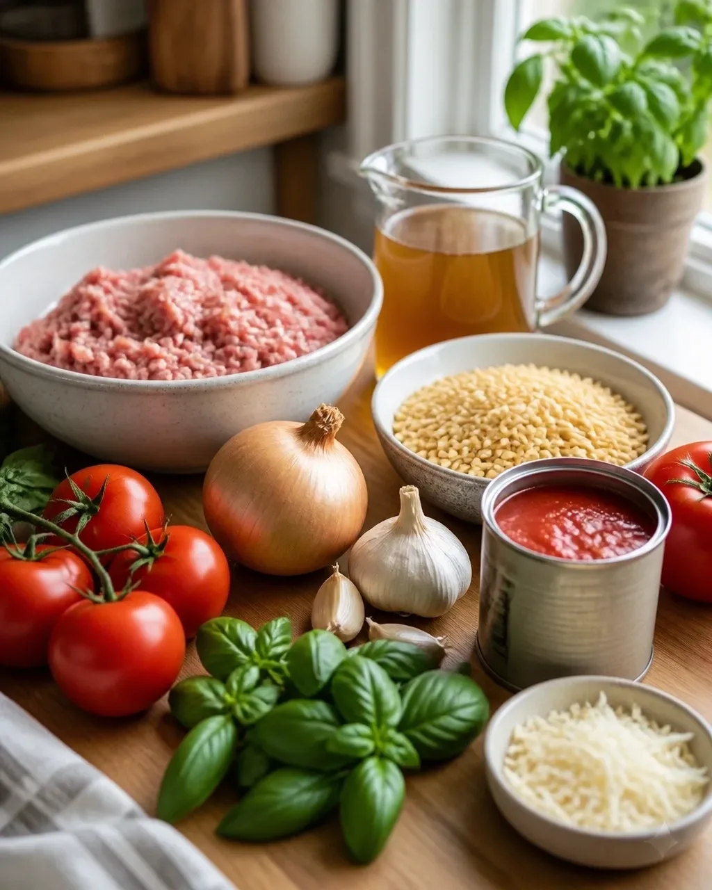 Raw ingredients for creamy tomato basil turkey orzo on a kitchen counter