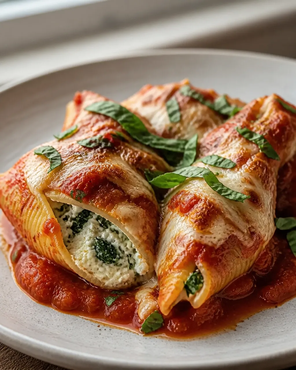 A serving of stuffed shells showing the creamy spinach and ricotta filling