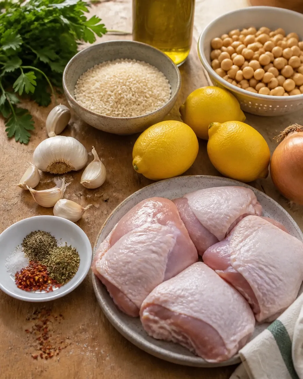 Raw ingredients for lemon garlic chicken and chickpea rice skillet on a wooden kitchen counter