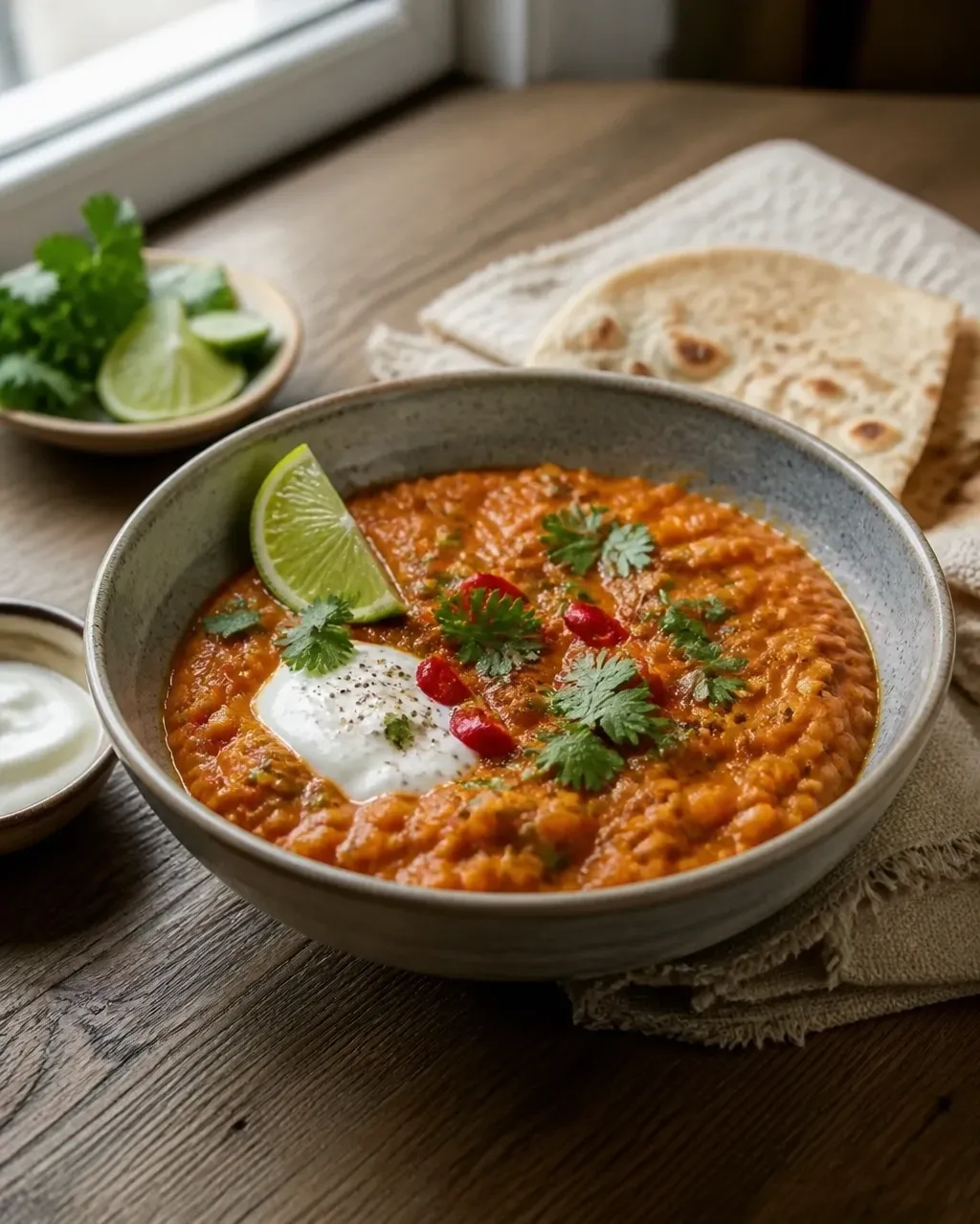 Creamy red lentil coconut curry served with lime, cilantro, yogurt, and flatbread