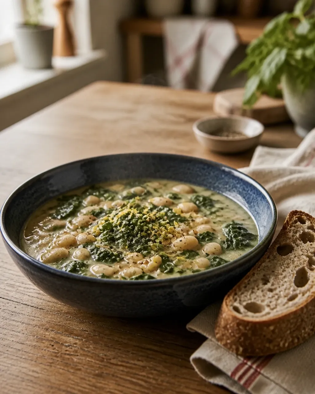 Creamy white bean and spinach soup served with crusty whole-grain bread