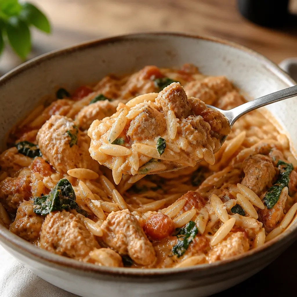 A spoonful of creamy tomato basil turkey orzo showing the thick, spoonable texture