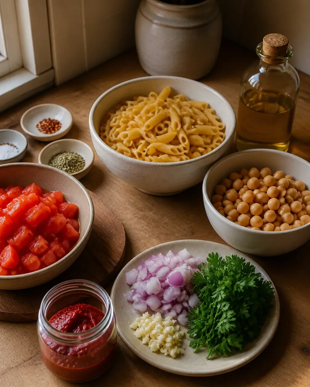 Raw ingredients for tomato and chickpea pasta arranged on a home kitchen counter