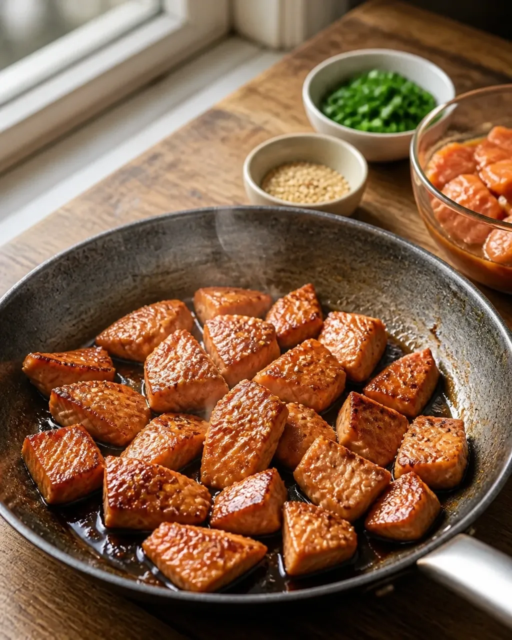 Bite-sized salmon pieces searing in a skillet with teriyaki glaze, sesame seeds, and scallions