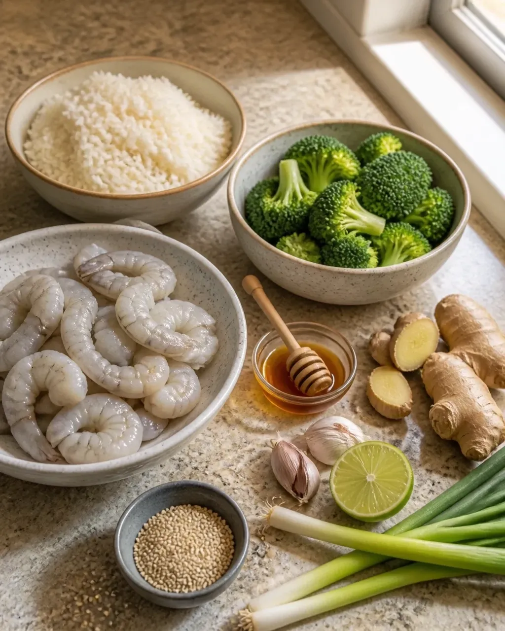 Raw shrimp, broccoli, cooked rice, honey, sesame seeds, garlic, ginger, lime, and scallions arranged on a home kitchen counter