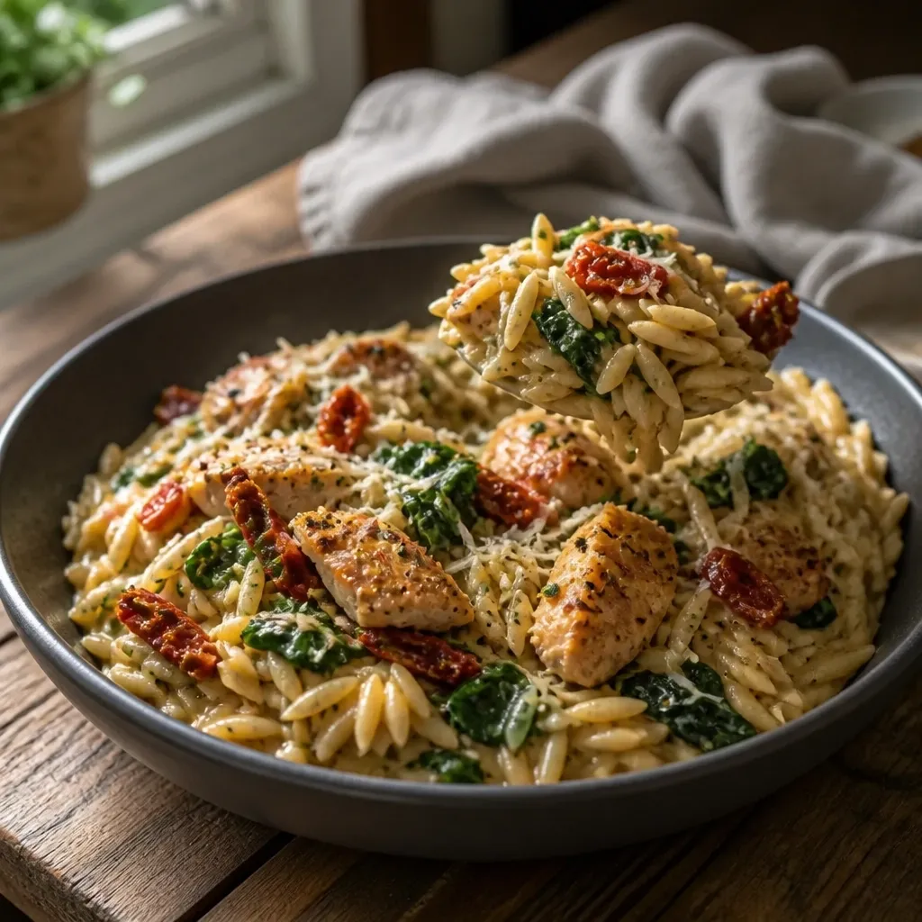 Raw ingredients for creamy sun-dried tomato chicken orzo arranged on a kitchen counter