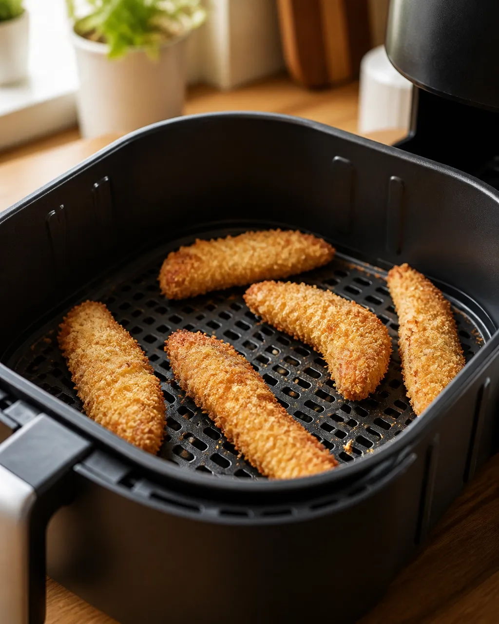 Golden chicken tenders arranged in a single layer inside an air fryer basket