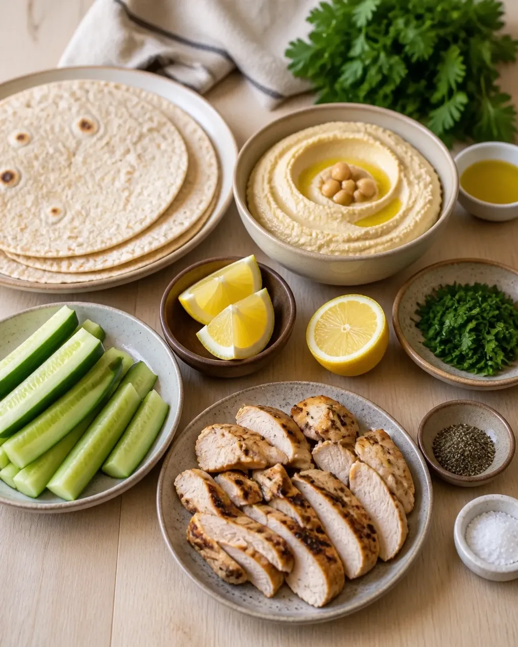 The fresh ingredients for chicken hummus and cucumber wraps arranged on a wooden kitchen counter