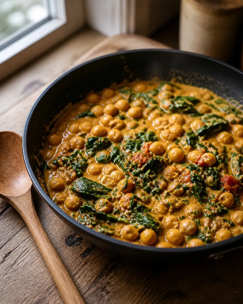 Coconut chickpea curry simmering in a skillet with spinach and chickpeas