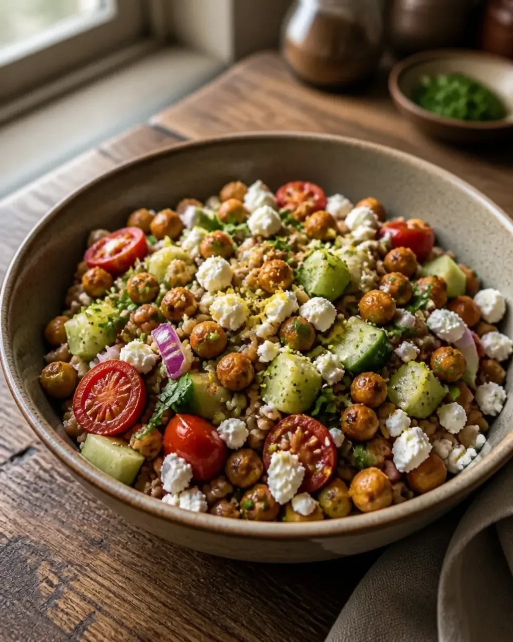 Close-up of a Greek chickpea and feta grain bowl showing crisp chickpeas, tender grains, creamy feta, cucumber, tomatoes, and herbs