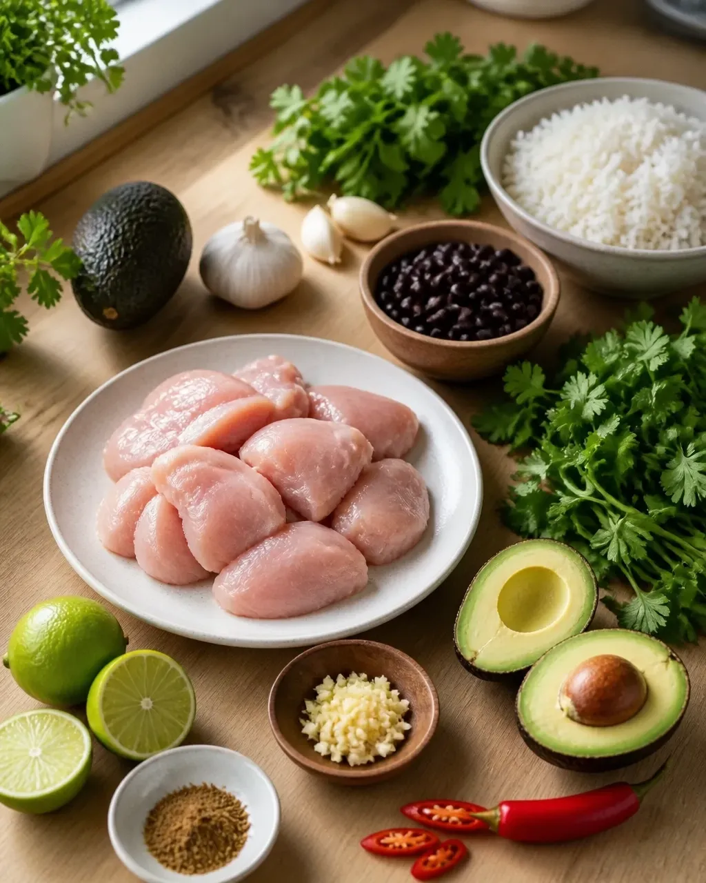 Fresh ingredients for chili lime chicken avocado bowls arranged casually on a wooden kitchen counter