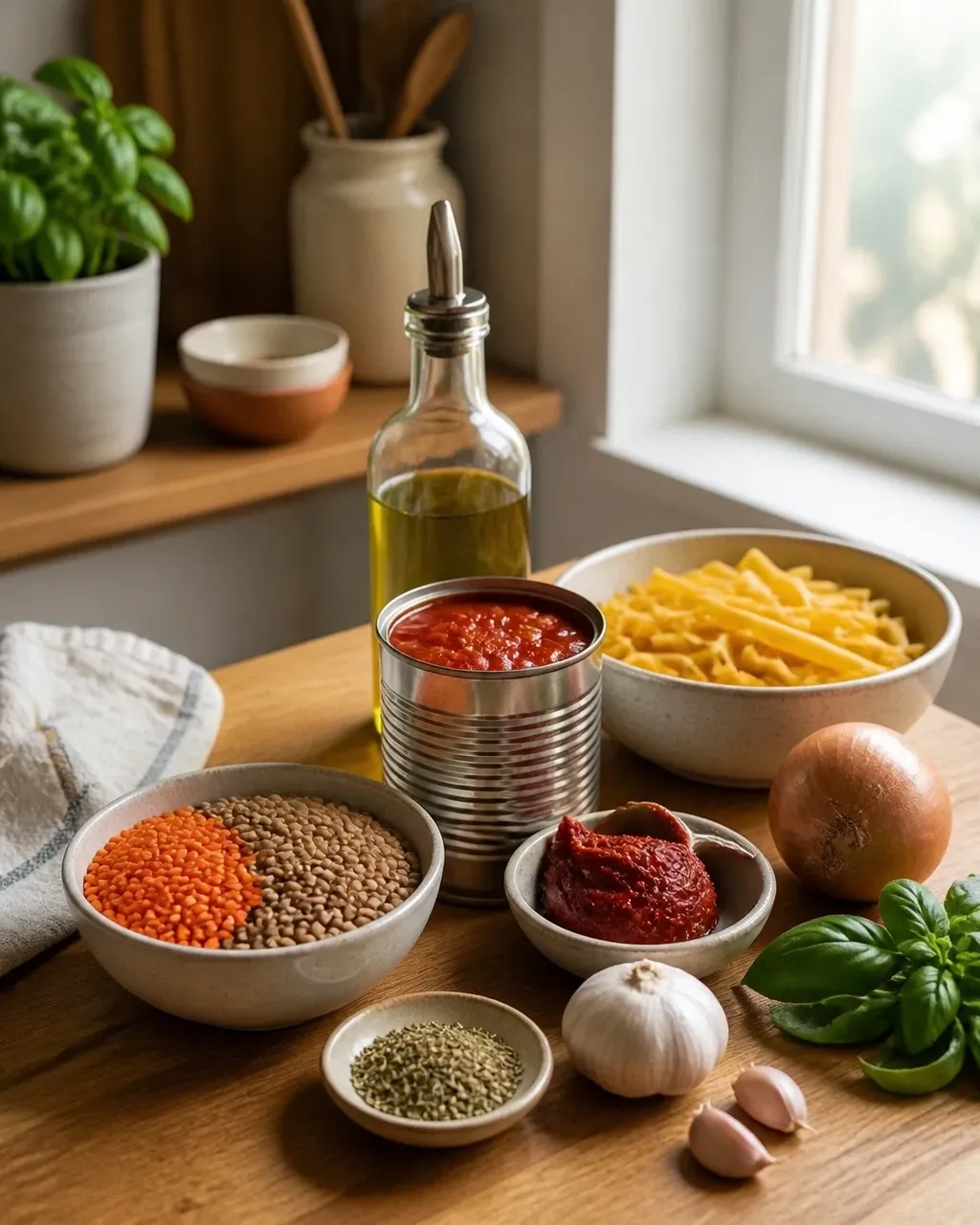 Budget-friendly lentils, pasta, tomatoes, onion, garlic, and herbs arranged on a wooden kitchen counter