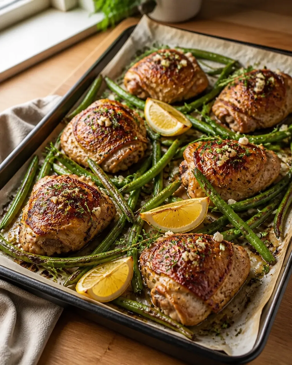 Sheet-pan garlic butter chicken thighs with green beans and lemon