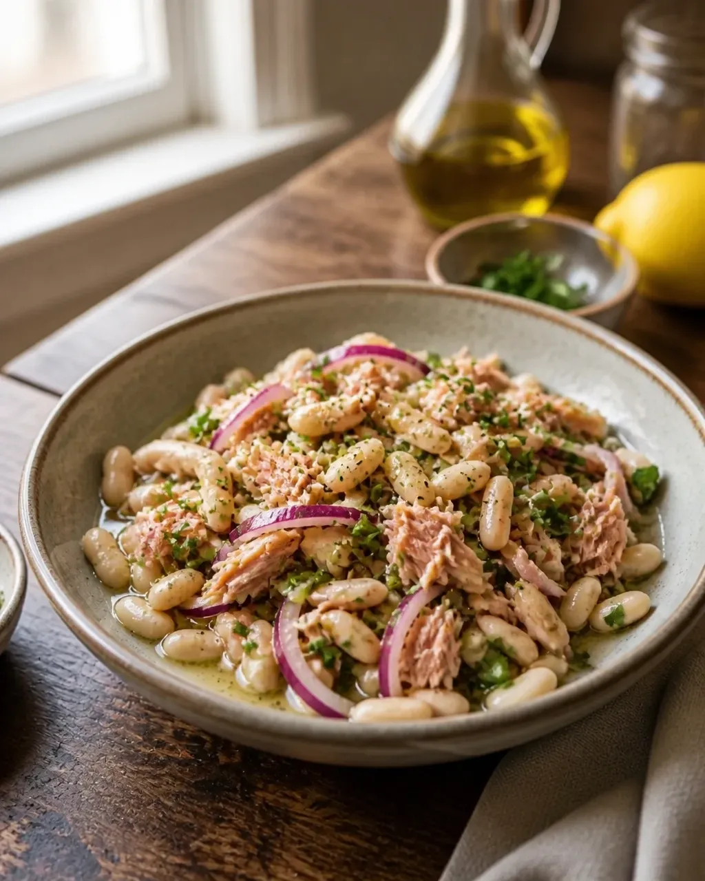 Tuna white bean lemon salad being gently tossed in a ceramic bowl, with creamy beans, tuna flakes, red onion, parsley, and lemon dressing