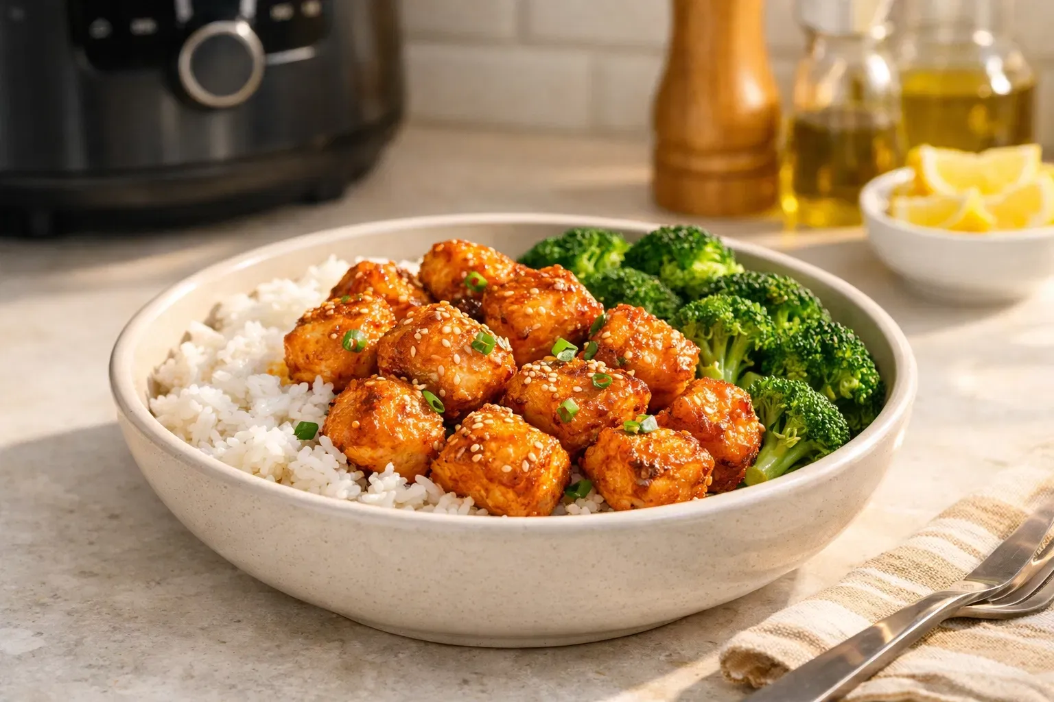 A bowl featuring crispy air-fried tofu bites tossed in a sesame glaze, served over steamed white rice with a side of fresh, vibrant broccoli.