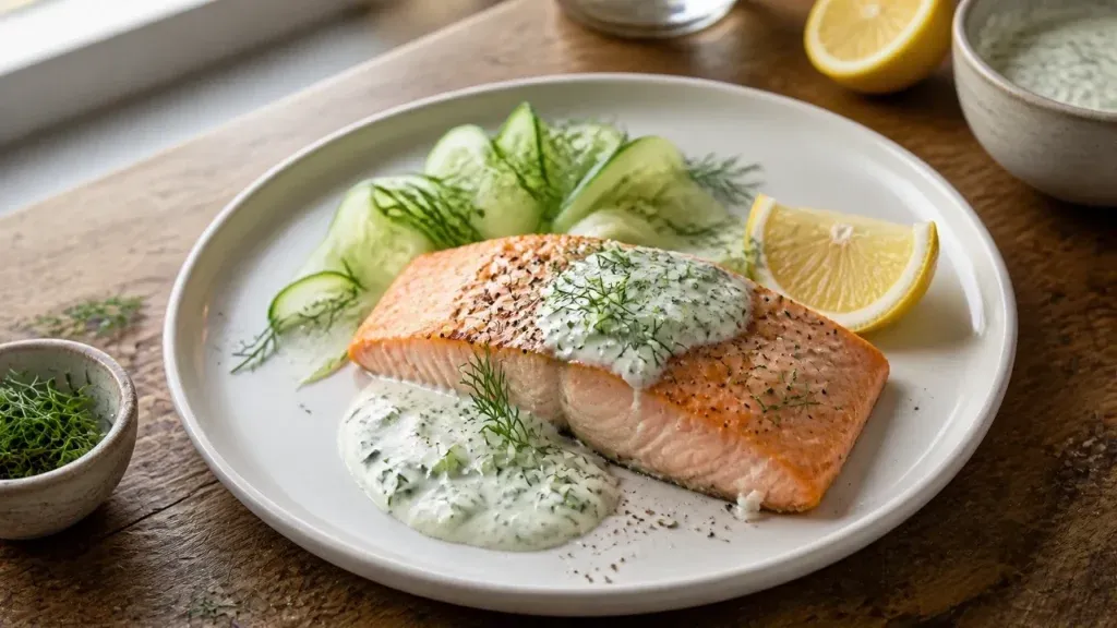 Photo of Keto Recipes for Beginners: Baked Salmon with Creamy Cucumber Dill Sauce