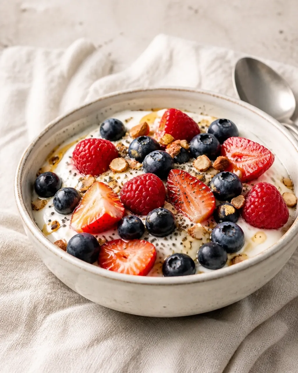 Finished berry and chia seed Greek yogurt parfait in a ceramic breakfast bowl
