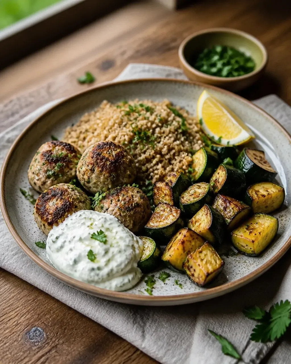 Finished turkey meatballs with roasted zucchini, lemon, herbs, and a light yogurt sauce