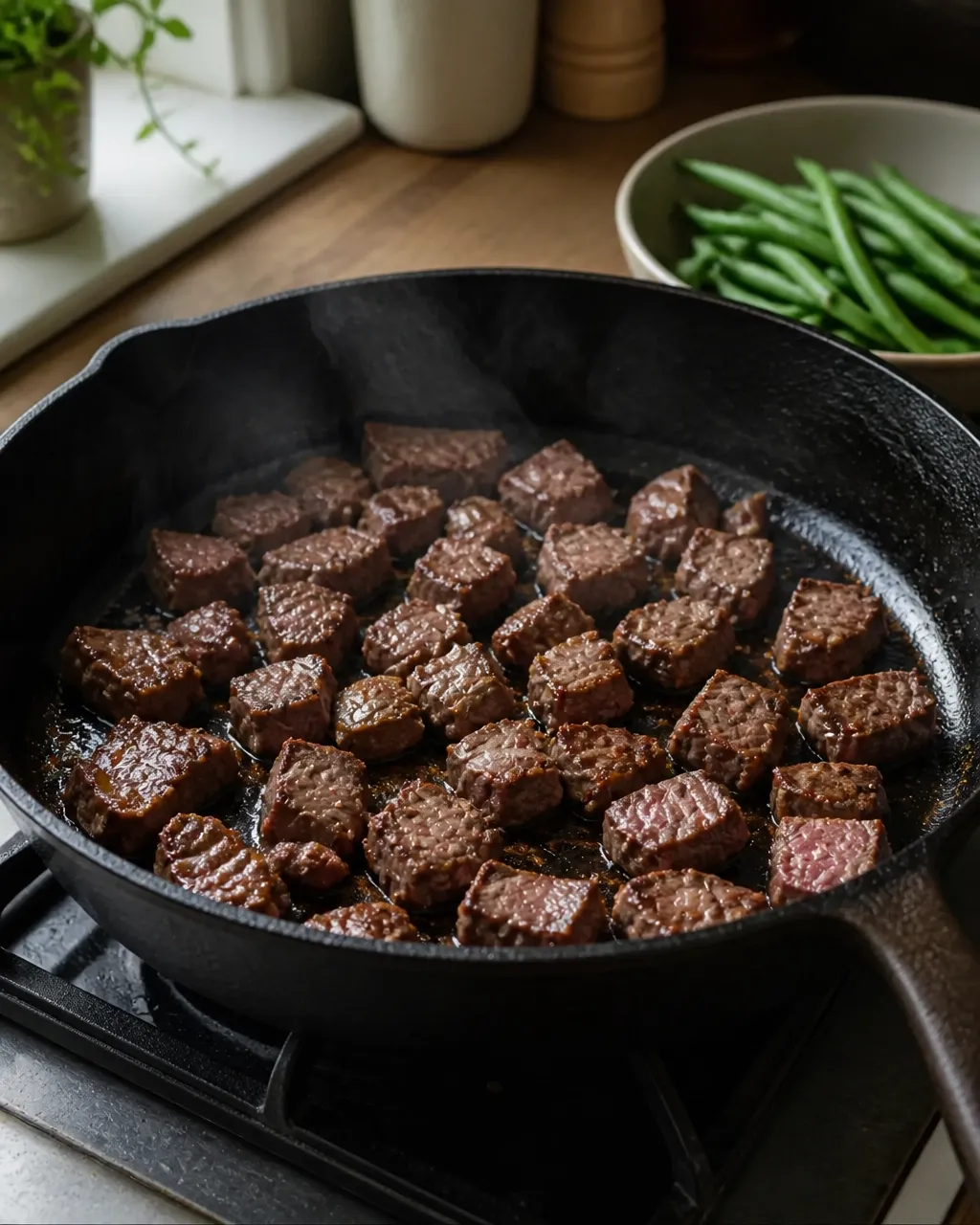 Sirloin steak cubes searing in a hot cast-iron skillet