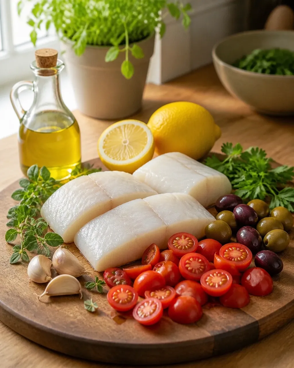 Raw cod, cherry tomatoes, olives, lemon, garlic, parsley, and olive oil arranged on a home kitchen counter