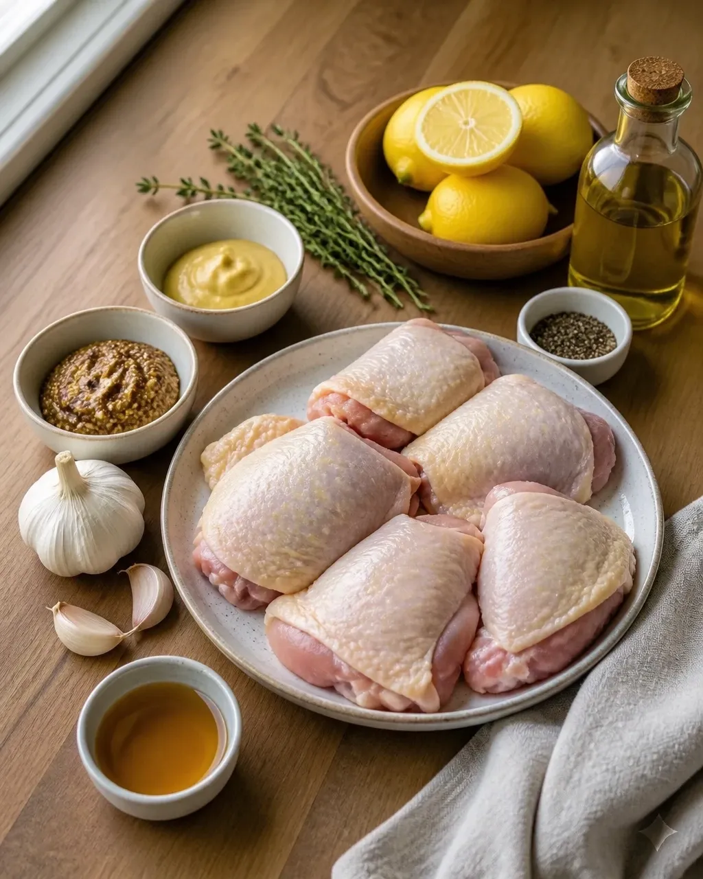 Raw chicken thighs, Dijon mustard, honey, lemons, garlic, thyme, and black pepper arranged on a home kitchen counter