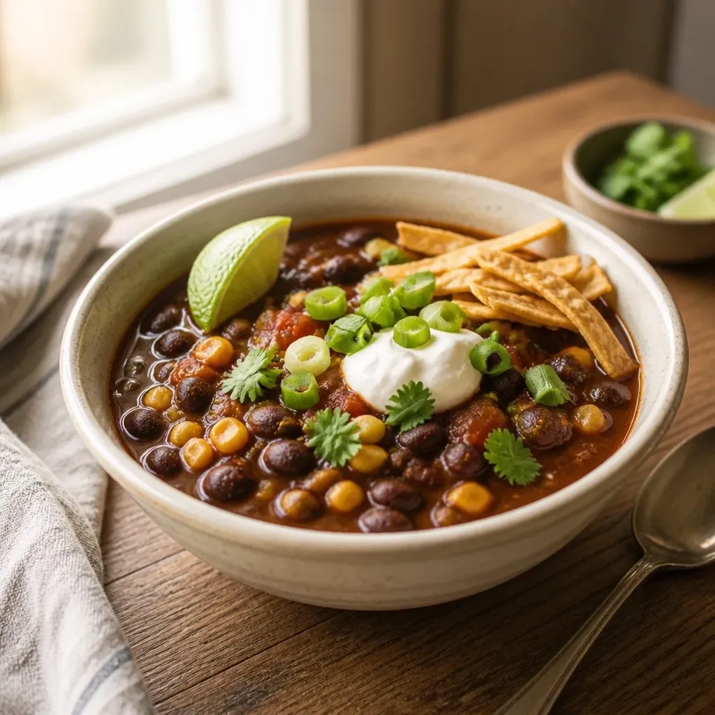 A close-up bowl of black bean and corn chili with lime, scallions, cilantro, yogurt, and tortilla strips