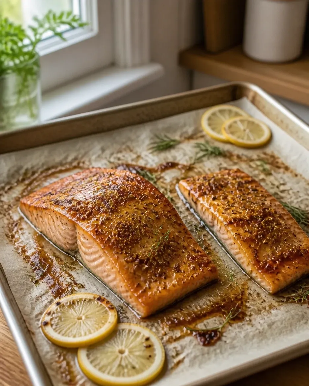 Maple mustard glazed salmon fillets on a parchment-lined baking tray
