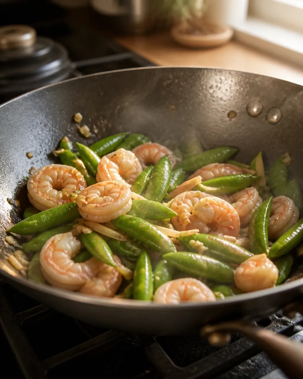 Shrimp and sugar snap peas cooking in a hot skillet with ginger and garlic