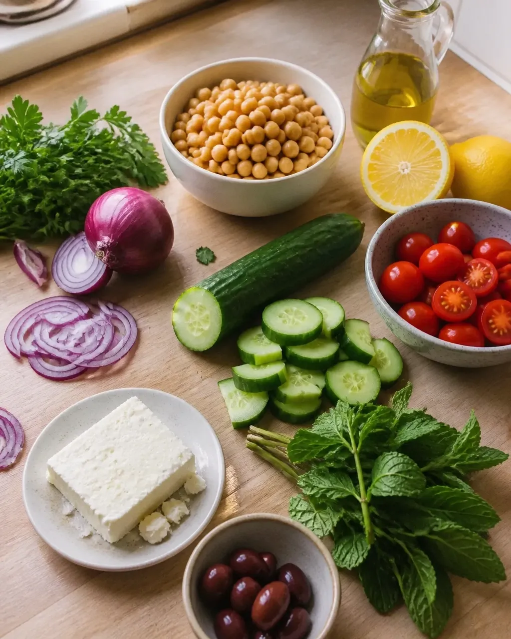 Fresh ingredients for Mediterranean chickpea and cucumber salad on a kitchen counter