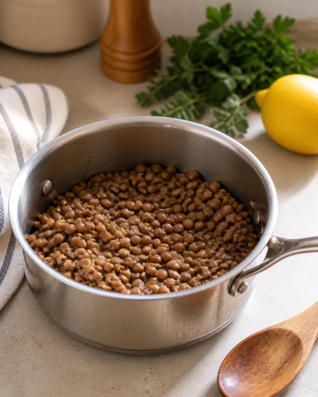 Tender green-brown lentils in a saucepan in a bright home kitchen