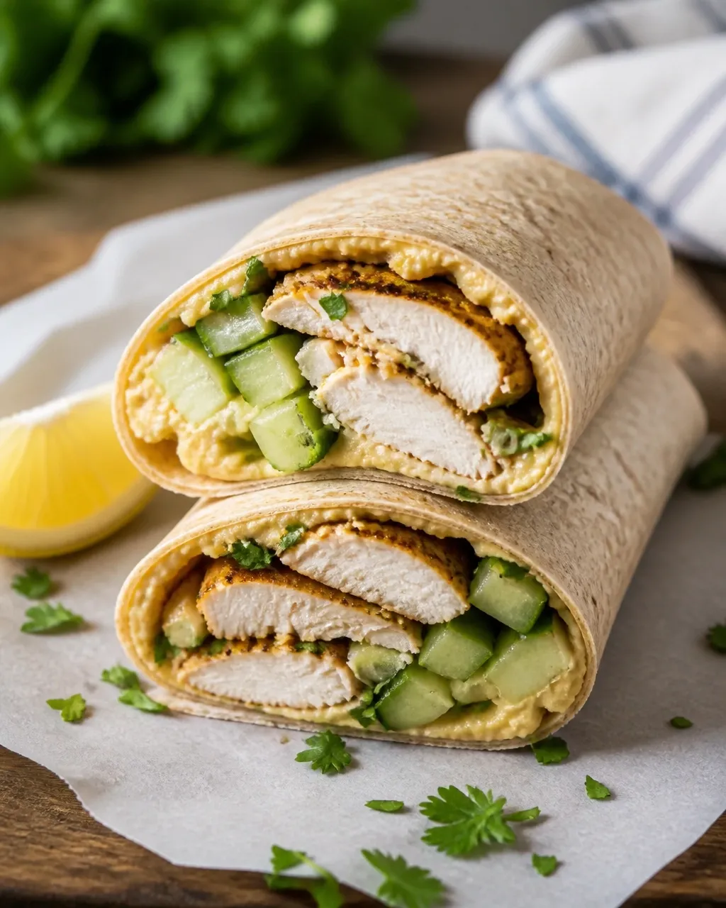 A close-up of a chicken hummus and cucumber wrap cut in half, showing the creamy and crunchy filling