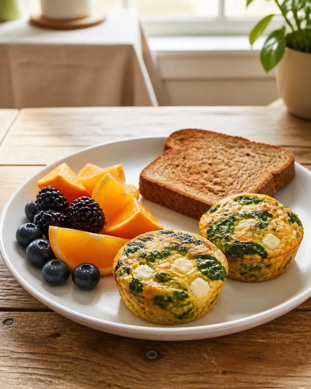 Spinach and feta crustless quiche muffins served with orange, berries, and whole-grain toast