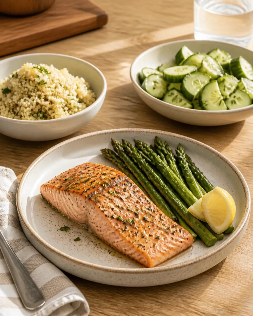 Baked salmon and asparagus served with quinoa and cucumber herb salad
