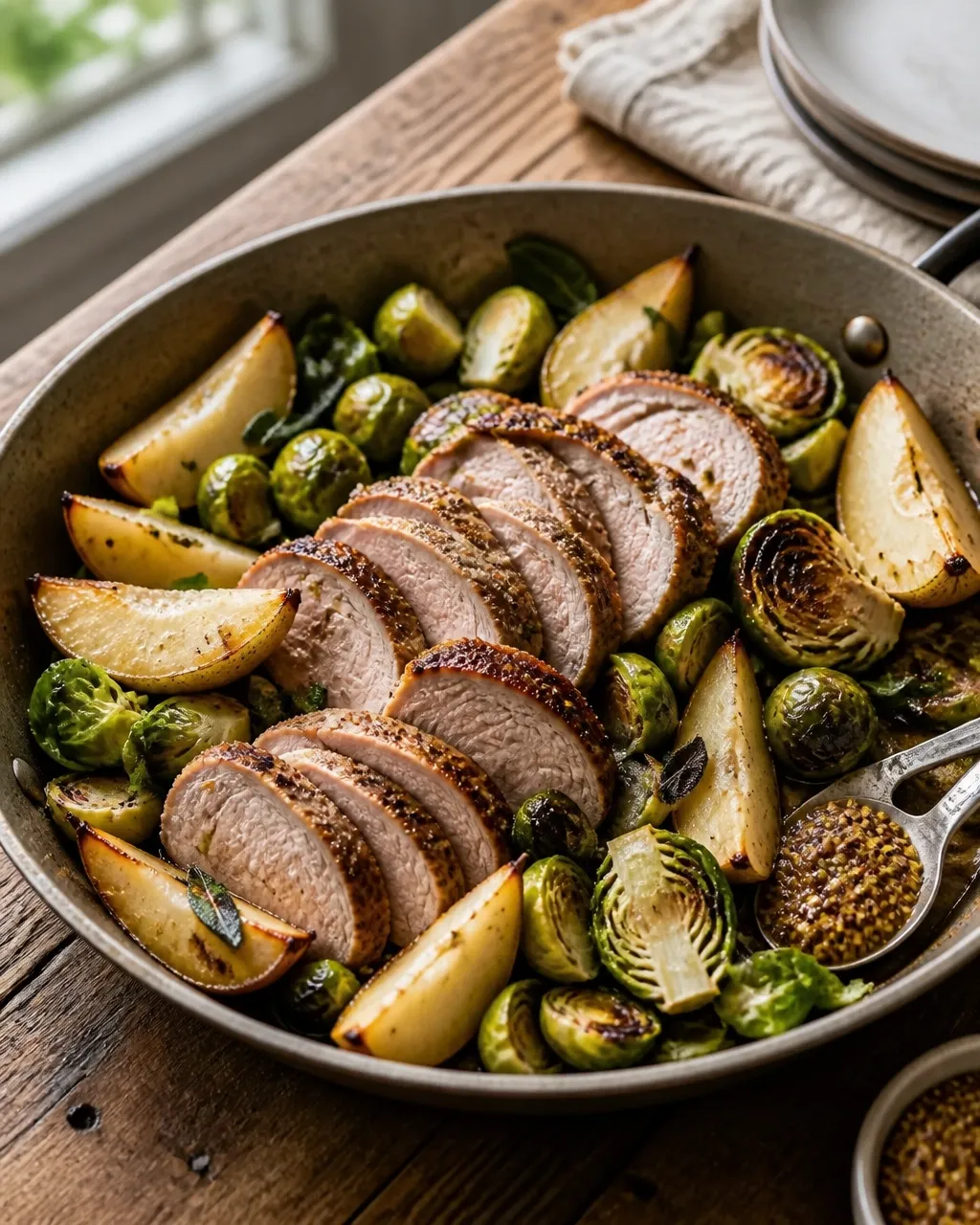 One-pan pork tenderloin variation with roasted pears, Brussels sprouts, sage, and mustard