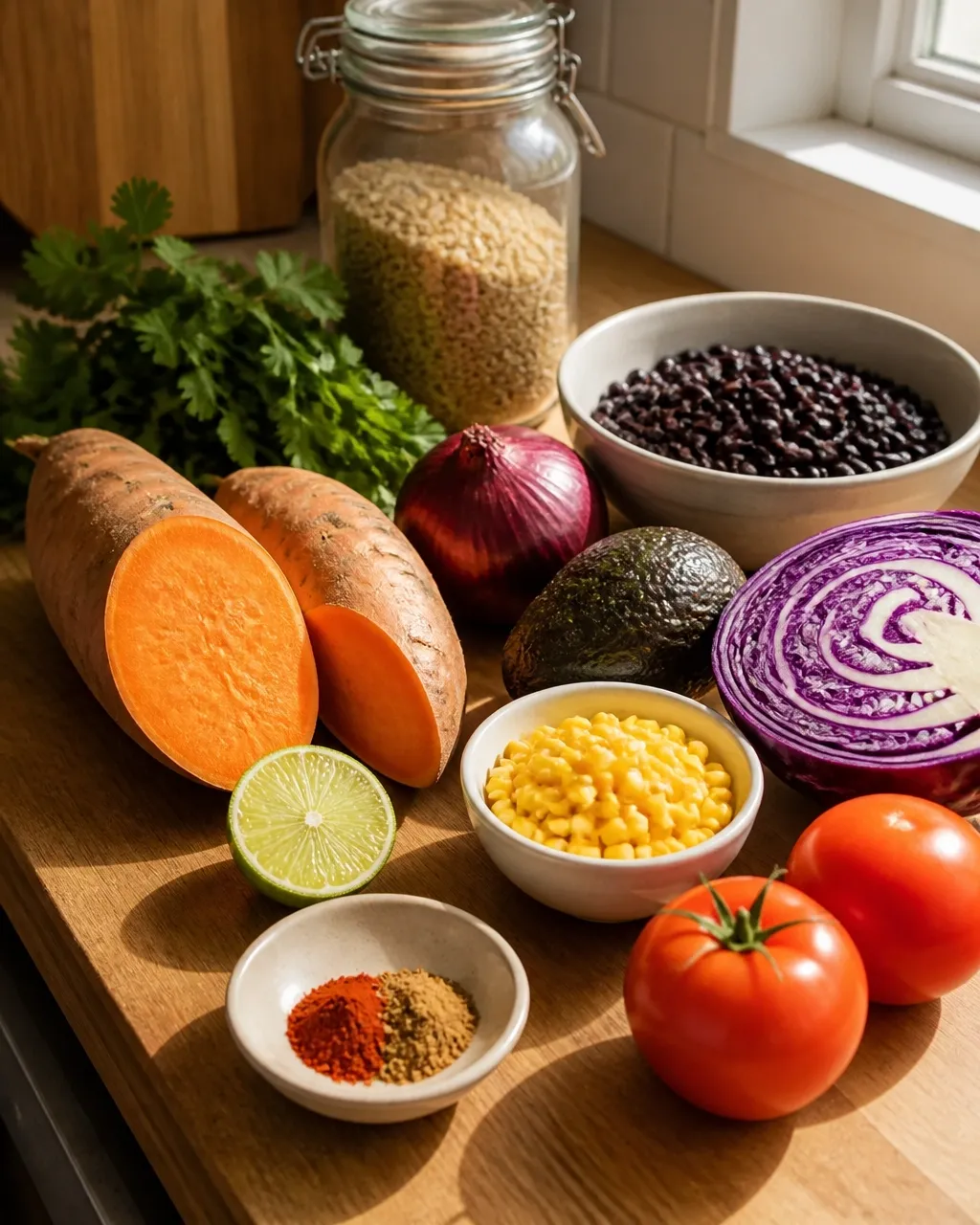 Sweet potatoes, black beans, lime, avocado, cabbage, corn, cilantro, and spices arranged on a kitchen counter