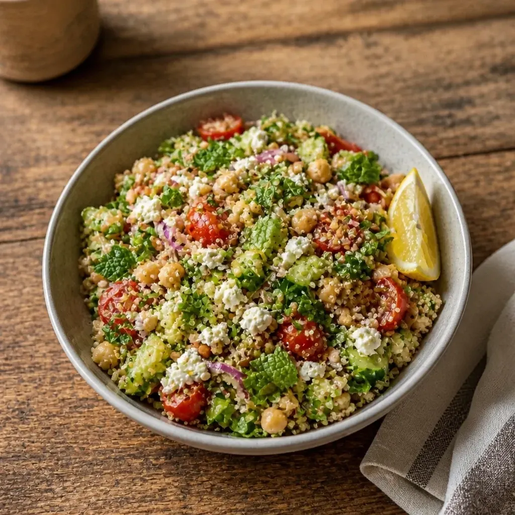 Finished Mediterranean quinoa and cucumber bowl with feta, chickpeas, herbs, and lemon