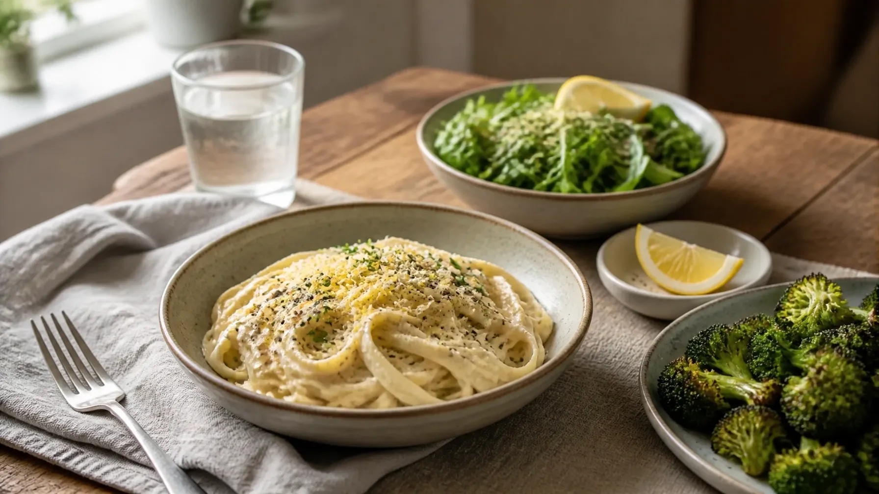 Creamy garlic Parmesan fettuccine served with lemony salad and roasted broccoli