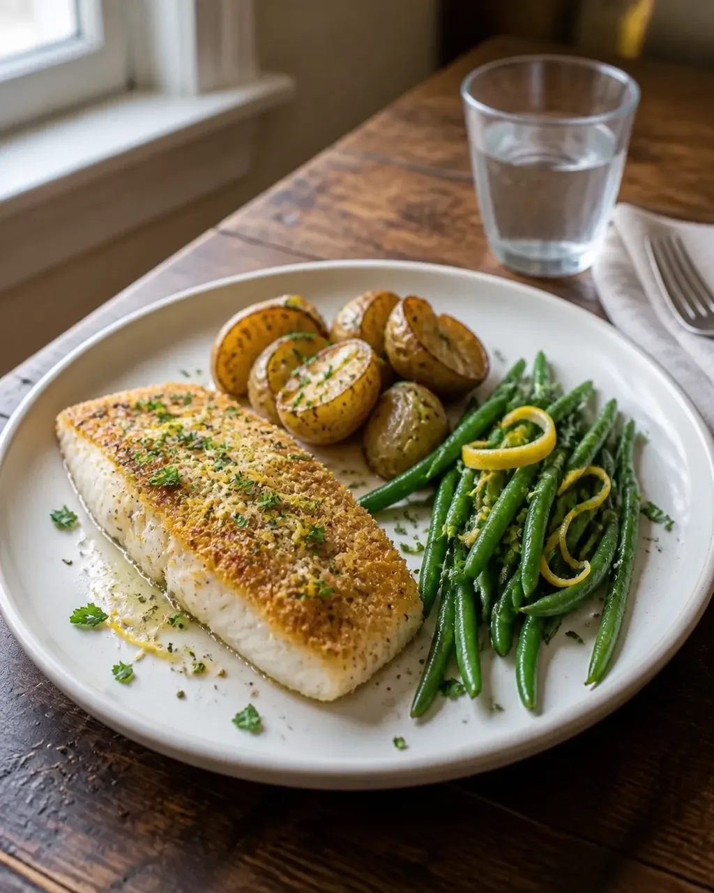 Crispy Parmesan cod with lemon green beans and roasted baby potatoes