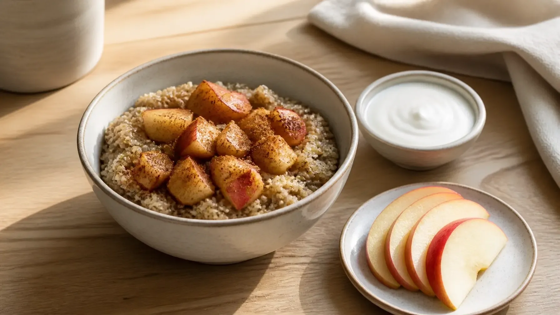Pear and pecan quinoa breakfast bowl with pumpkin seeds, cinnamon, and yogurt
