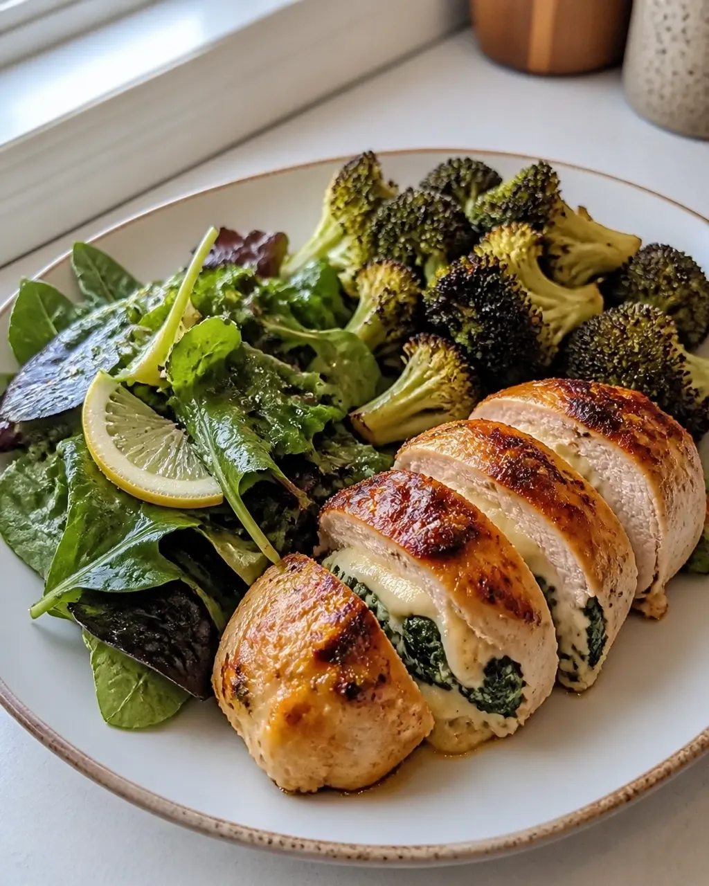 Cheesy spinach stuffed chicken breast served with lemony greens and roasted broccoli