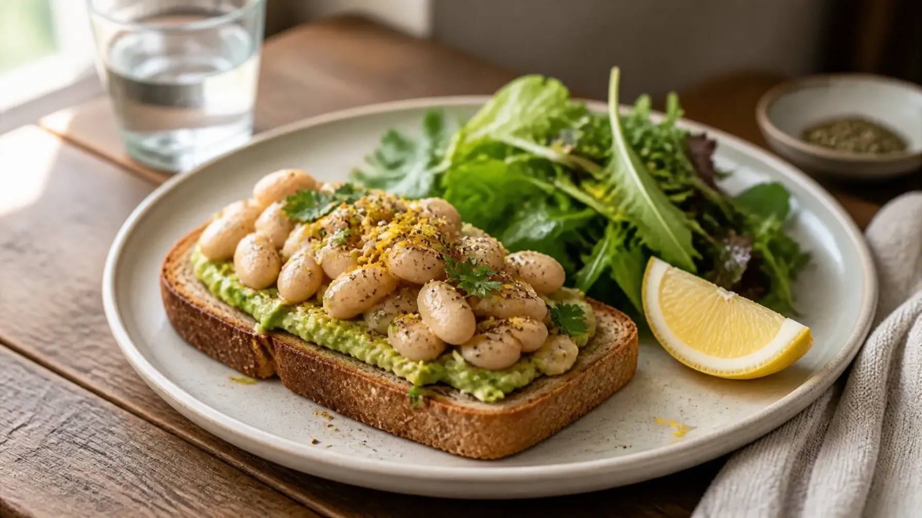 Avocado and white bean toast served with a simple crisp green salad and lemon